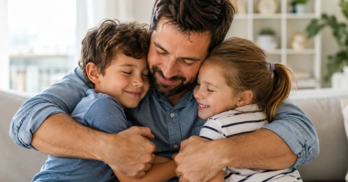 Madre abrazando a dos hermanos pequeños sonrientes en el living de casa
