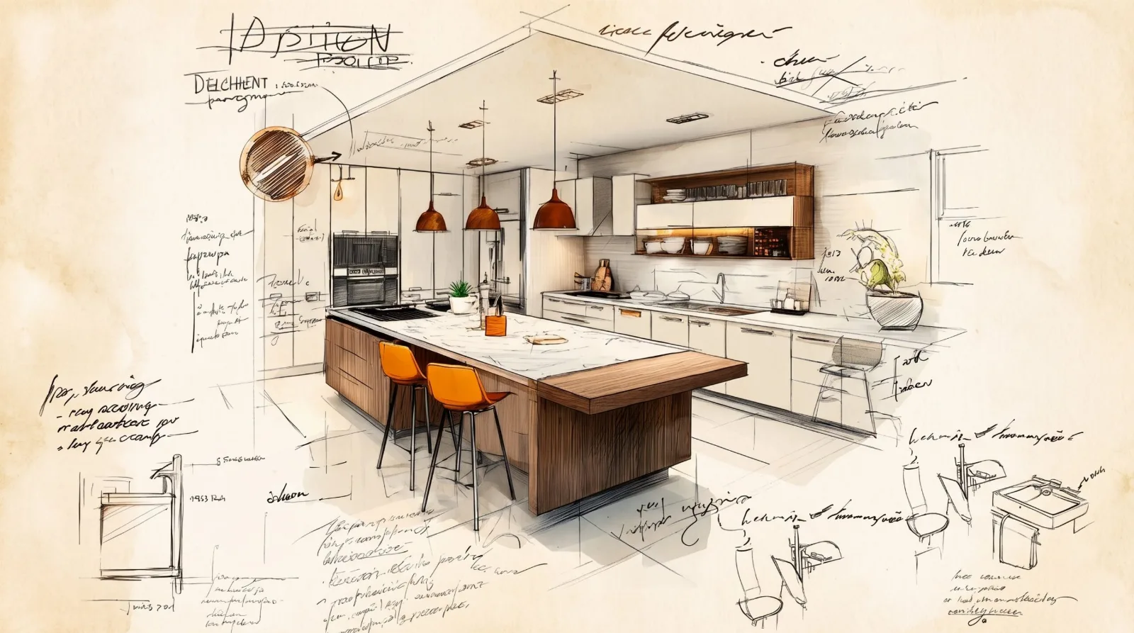 Cocina moderna en reforma con mesada en desorden, persona cocinando y plan de diseño superpuesto