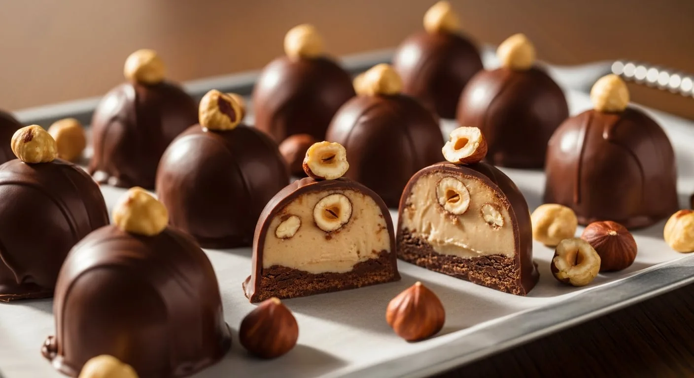Bombones de chocolate y avellanas caseros sobre una bandeja de madera con trozos de avellana