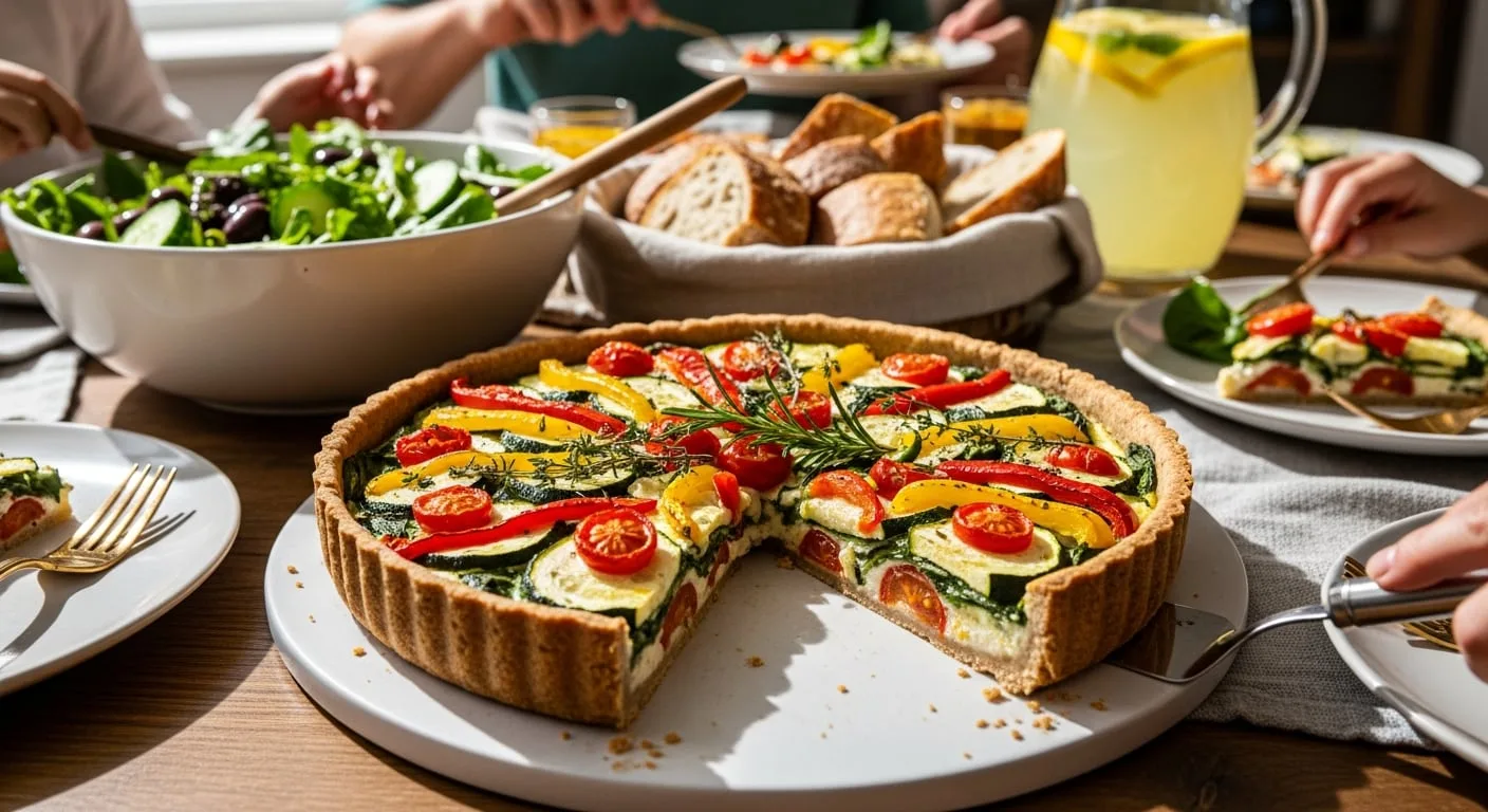 Porción de tarta de verduras y ricota con masa integral dorada, servida en plato blanco con ensalada